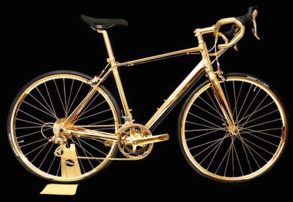 Gold Bike

Manufactured by Goldgenie, this racing bike is covered with a lustrous layer of 24-karat gold. For the exquisite price of $500,000 you can own this equally exquisite bike.