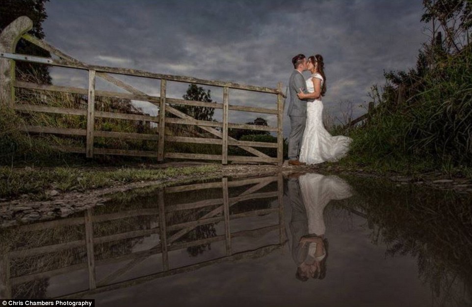A behind the scenes wedding photography image shows the contrast between the stark reality of a couple's wedding day scene and the perfected image the photographer managed to produce, above