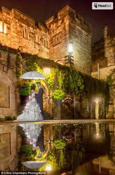 The after image shows a bride and groom holding an umbrella with their reflections shining in the puddle