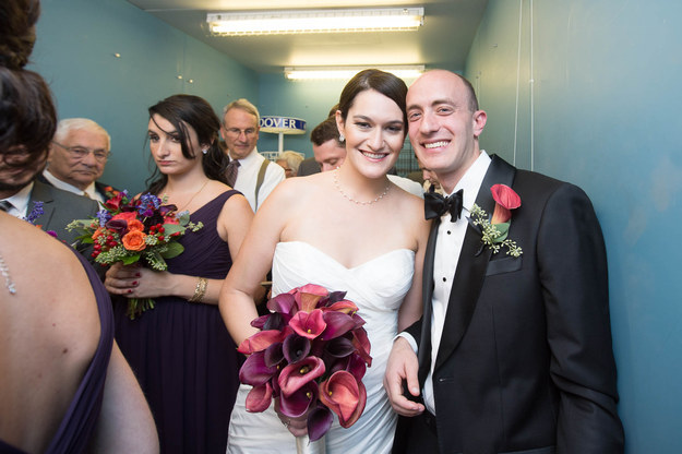 The couple, rabbi, wedding planner, photographers, parents of the bride and groom, grandparents, and all bridesmaids and groomsmen filed into an elevator en route to the ceremony, which was to continue in the park across the street.