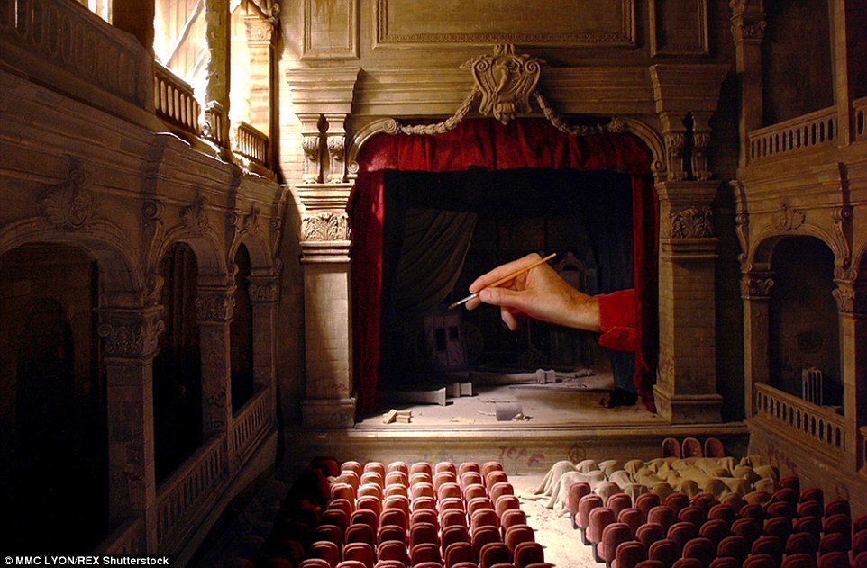This micro scene features an old abandoned miniature theatre complete with dusty red chairs