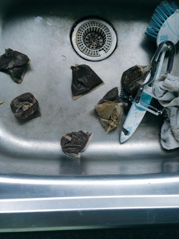 Teabags being left to rot in the sink.