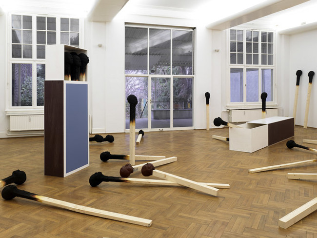 His installations are site- specific, meaning that the arrangement is based on the space itself.