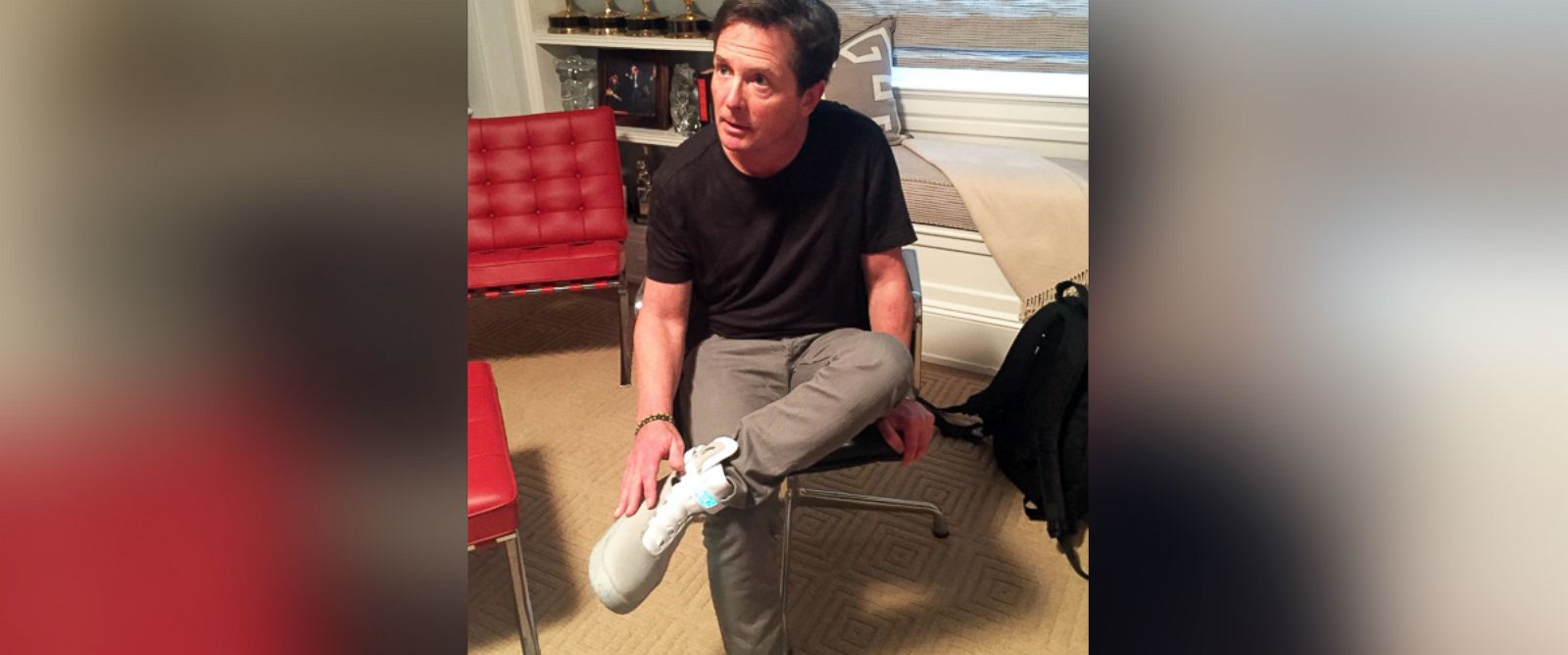PHOTO: The MIchael J Fox Foundation shared this image to their Twitter, Oct. 21, 2015, of MIchael J. Fox trying on similar Nike sneakers from the movie "back to the Future Part II" set to be released in 2016.