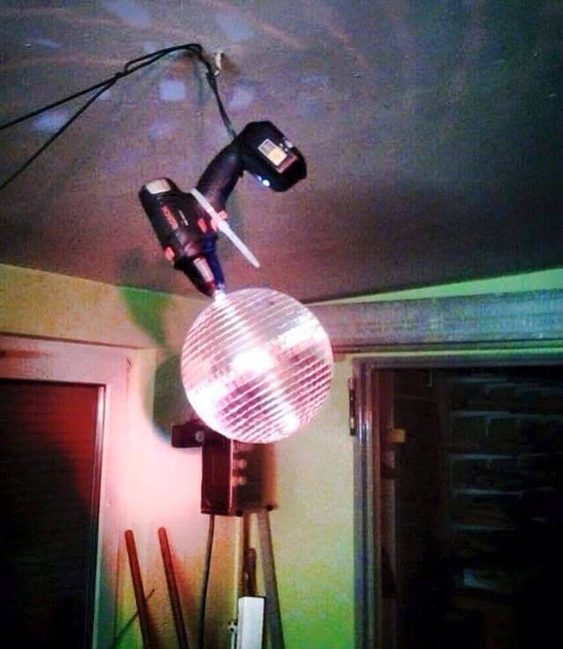 Want to add an instant party feel to any room? Attach a disco ball in a power drill and hang it from your ceiling.