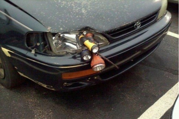 Broken headlight? Strap a few torches to the front of your vehicle and you're good to go.