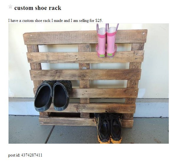 Nowhere to store your footwear? Turn a pallet upright to create your own "custom shoe rack".