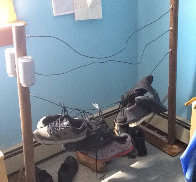 Or you can make your own shoe storage device using some poles and wire.