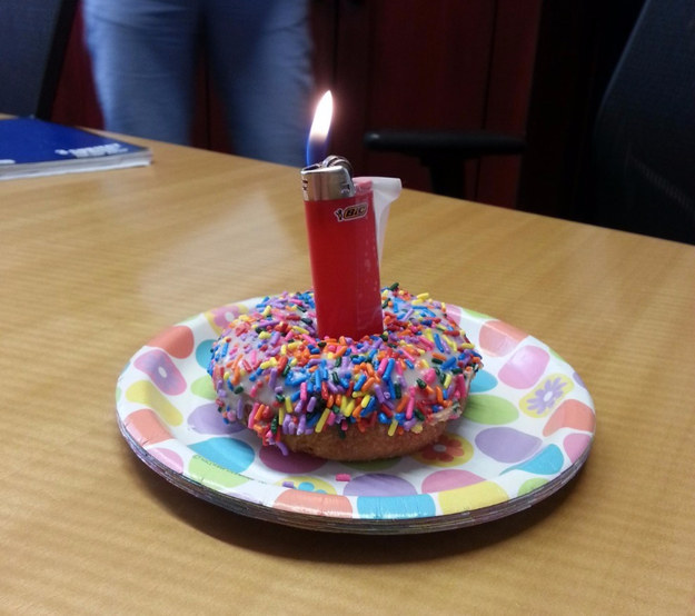 Need a birthday cake in a hurry? Just stick a lighter in the middle of a doughnut. Goodbye, baking.