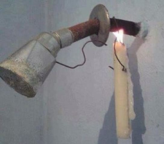 No hot water? Simply light a candle underneath a water pipe. Hot showers at a fraction of the price.