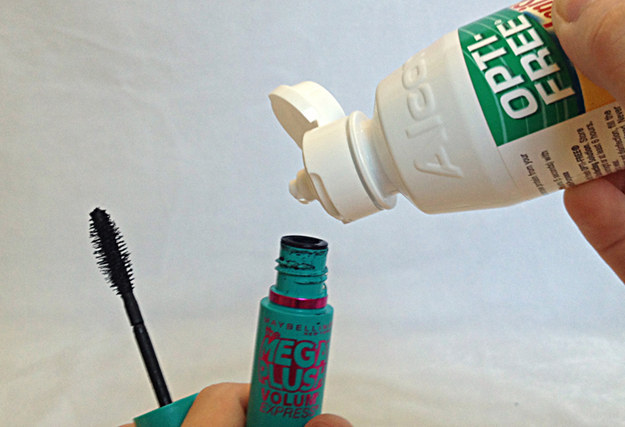 If you want to make your flaky, clumpy mascara last longer, mix a little contact solution in.