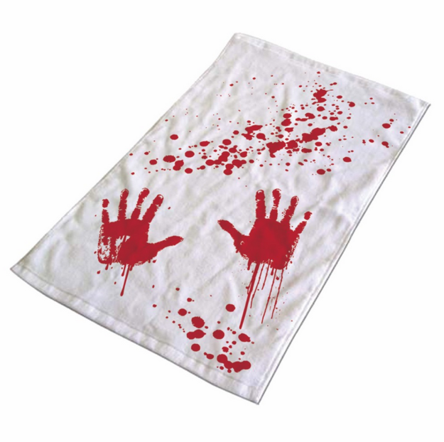 A gruesome towel that looks bloody when it gets wet.