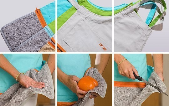 An apron with a towel that zips off for easy cleaning.