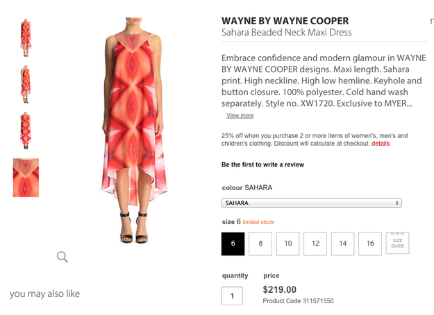 The dress is available from Australian department store Myer. Sam has since returned the dress, but says she would have kept it if it hadn't cost her $219.