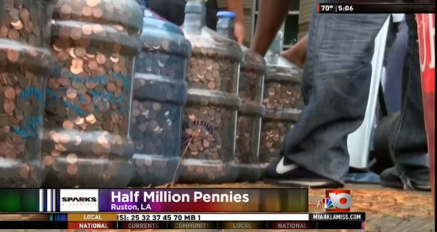 Over the years, Anders collected 513,614 pennies. That's enough pennies to fill 15 five-gallon water jugs, according to KTVE 10.