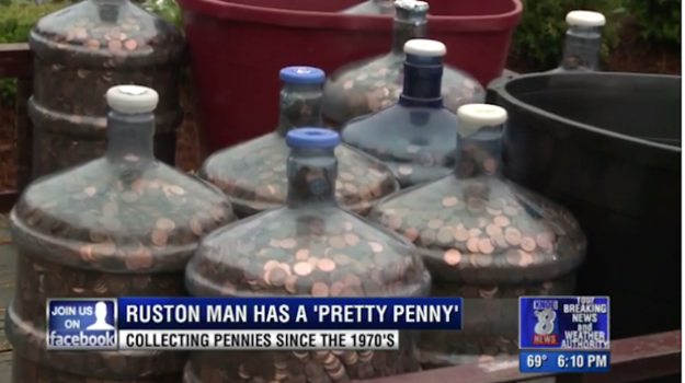 Anders had hoped to keep his pennies forever, but recently his insurance stopped covering them. So, he was forced to turn the coins into a bank. He was accompanied by his family and friends, who helped him carry the pennies inside.