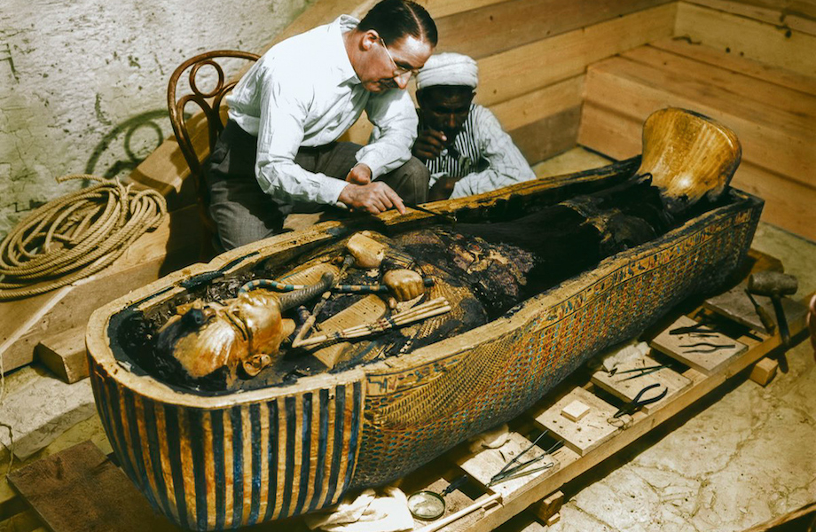 Tutankhamun, the boy who ruled the Egyptian empire from 1332 to 1323 BC had his tomb unearthed in late 1922 by archaeologist Howard Carter. These photographs, taken then, but colored now by Dynamichrome are part of an exhibit opening in New York on the 21st that reconstructs the young king's tomb.