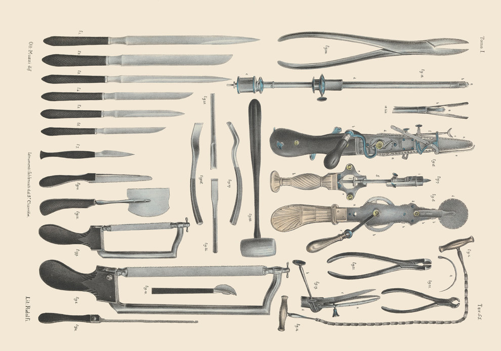 Surgical saws, knives and shears for operations on bone.