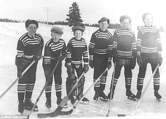 A young Ralph (far right) playing ice hockey with his friends in the Magdalen Islands 