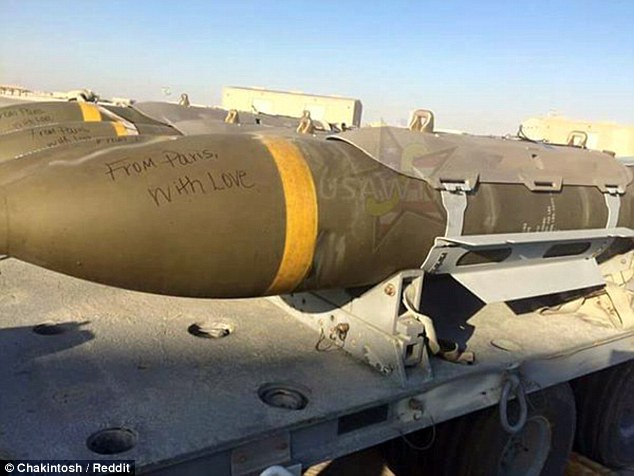 'From Paris, With Love': U.S JDAM bombs have been decorated with the message of revenge, in solidarity with those affected by Friday night's terror attacks