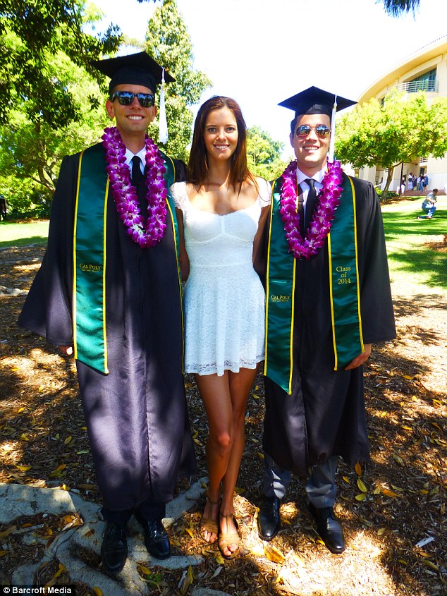 Family affair: Chase is pictured posing with her brothers Devin and Shane following their graduation from California Polytechnic State University in 2014 