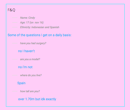 This is the Tumblr page Cindy mentions, where she reveals she lives in Spain and turned 17 last month.