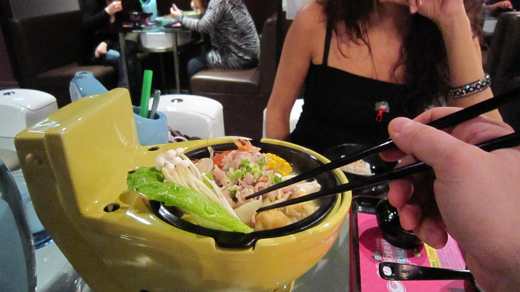 In Taiwan, there is a poop-and-toilet themed restaurant, where the food is served in miniature toilets and you sit on toilets to eat your meal.