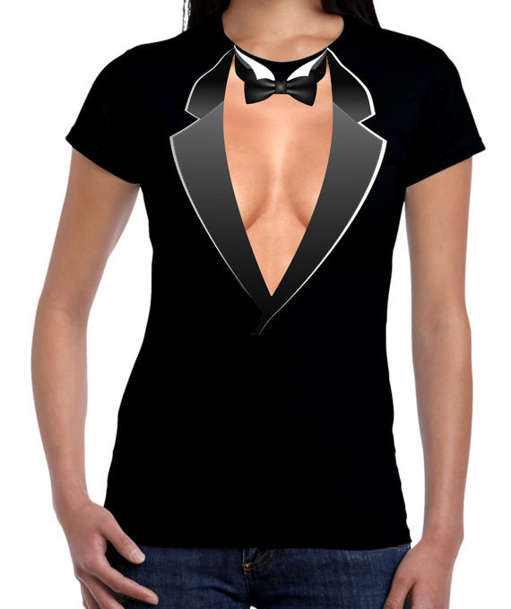 This cleavage-y tuxedo shirt: