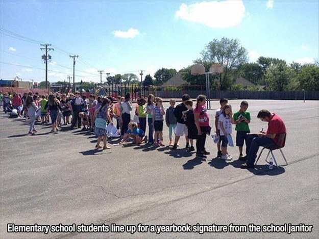 These kids lining up just to get the signature of their janitor: