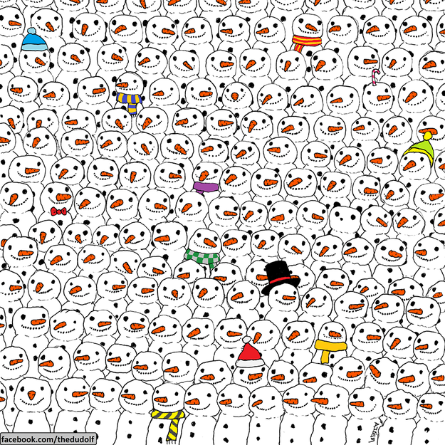 Last week, illustrator Gergely Dudás — who goes by the pen name Dudolf — posted this drawing to his Facebook page, challenging readers to spot a panda in an army of snowmen. Can you spot the panda quickly?