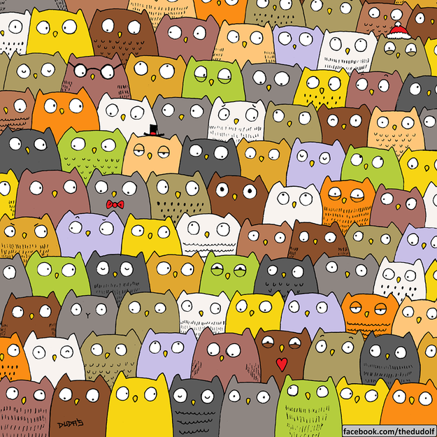 Dudolf also has other works on his page that are a throwback to Where's Waldo?. In this one, he asks readers to find a cat in a sea of owls.