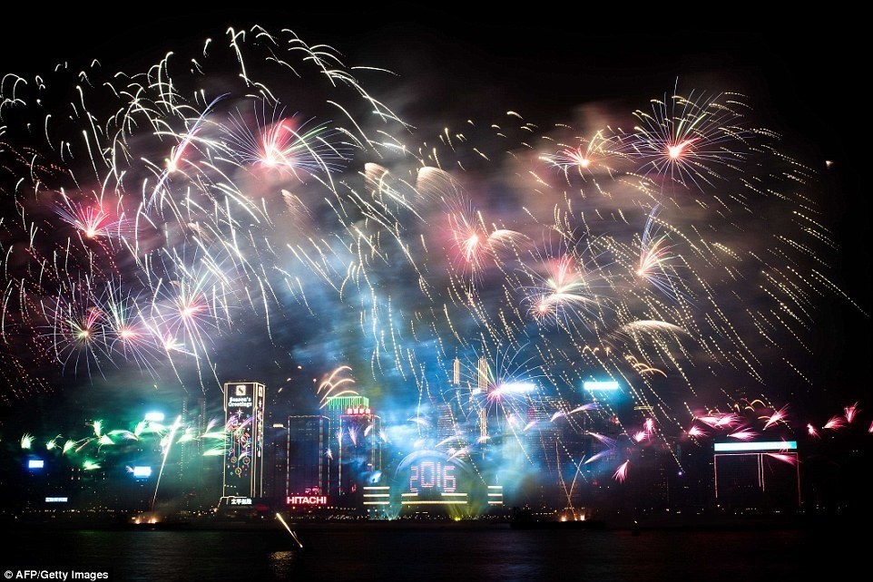 Hong Kong celebrated 2016 with a massive fireworks display over Victoria Harbor.