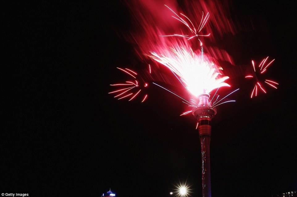 Auckland, New Zealand residents were treated to fireworks, as well as a giant laser show.
