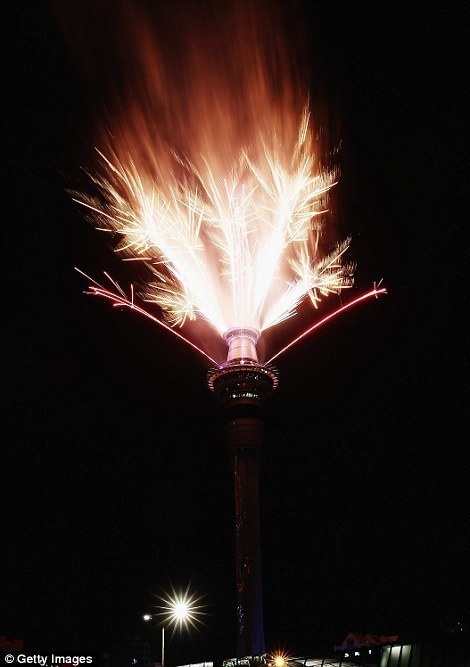 The seconds to midnight were counted down with a giant digital clock on the Auckland Sky Tower.