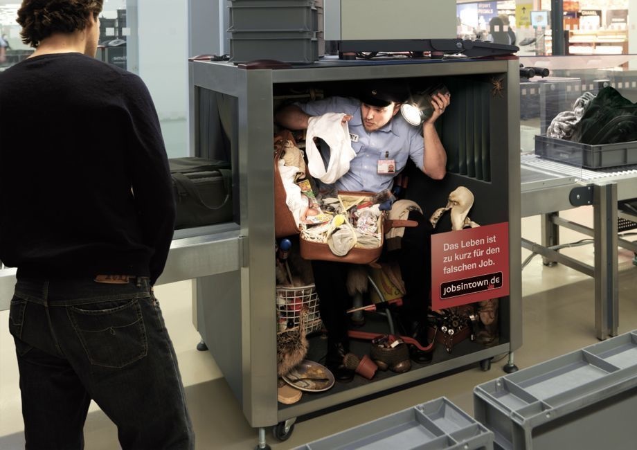 German recruitment site, jobisintown.de, has ads that show humans working like machines. Feel like this at your job? Get a new one!