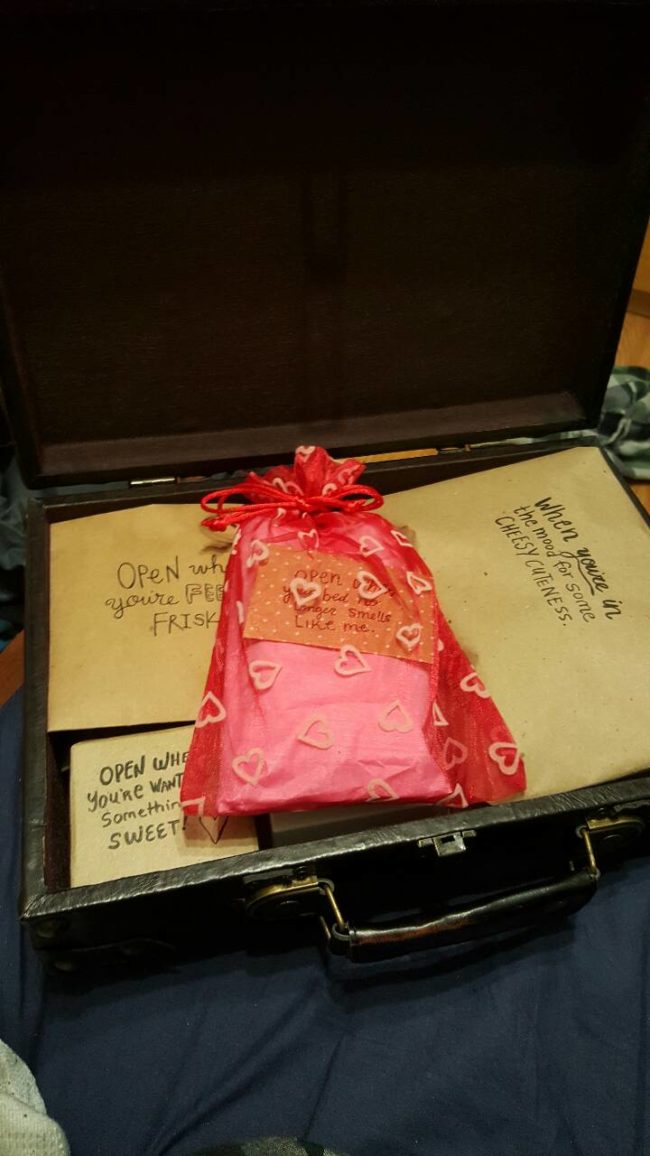 His girlfriend packed a ton of surprises in the briefcase for him to open in any situation.