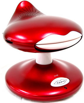 A hands-free speaker meant to be connected to a landline or mobile phone that shows animated lips that move in sync with whoever is on the other end of the line.