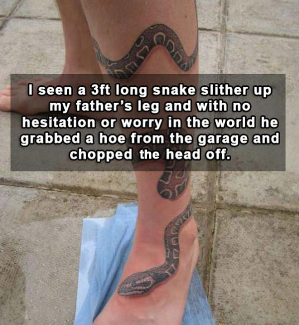 awesome snake wrapped around leg tattoo The coolest thing you ever saw your Mom or Dad do (17 Photos)