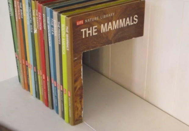 Combine a bunch of thin books together and cut out the middle to create this small book storage compartment. 