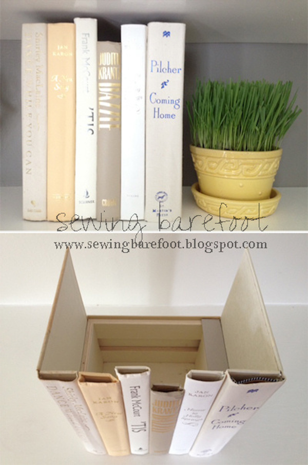 Cut off all the pages within various hardcover books and glue the empty book covers together to create a secret storage place.