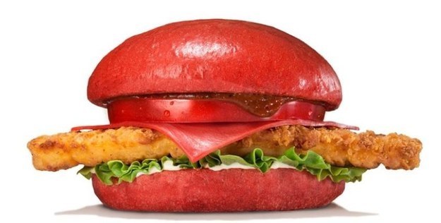Or this Red Samurai Chicken burger, with red bun, cheese, and flaming red hot pepper sauce infused with *real samurai blood?