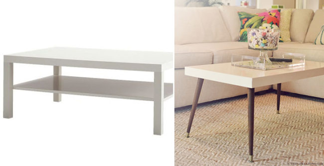 Reinvent <a href="http://www.ikea.com/us/en/catalog/products/00104291/#/10065958" target="_blank">this table</a> simply by <a href="http://www.triplemaxtons.com/2013/08/ikea-hack-diy-mid-century-modern-coffee.html" target="_blank">replacing the legs</a>.