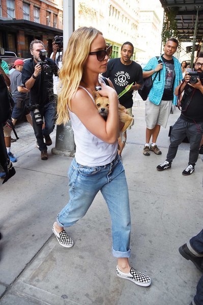 Jennifer Lawrence pictured with dog Pippi last June, just before arriving at a hotel in New York.