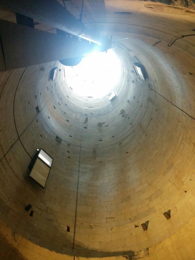The inside of the Leaning Tower of Pisa, which is hollow.