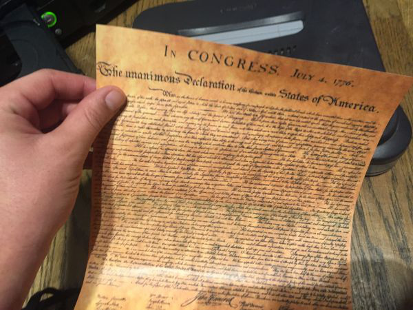 "HHHUUUHHH???? The original draft of the Declaration of Independence?? Thanks Tommy Jeffs and B. Franks!!  THIS WAS THE BEST GARAGE SALE PURCHASE TO TIE THE MAN CAVE TOGETHER!!!"