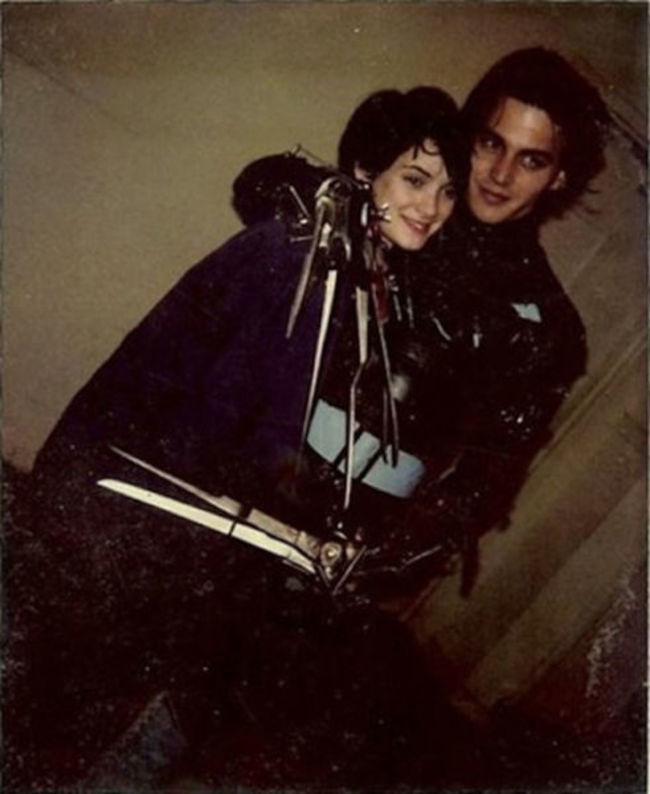 Johny Depp and co-star Winona Ryder during filming of the dark romance, Edward Scissorhands.