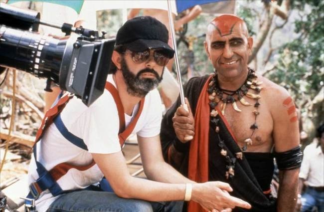 Actor Amrish Puri hanging out with Indiana Jones and the Temple of Doom director, George Lucas.