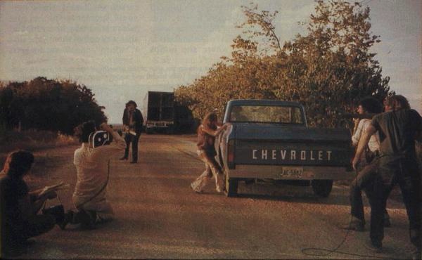 American director Toby Hooper shooting the final and scary scene of Texas Chainsaw Massacre.