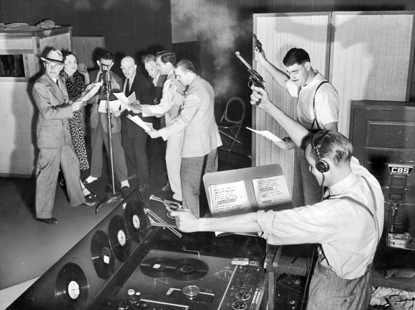 Recording an episode of “Gang Busters”, true crime radio show, New York, 1930s