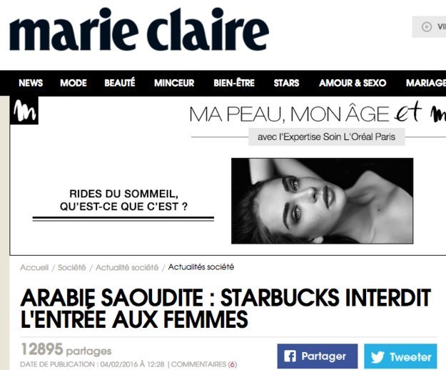 More and more French media covered the story, making the headline more broad each time. Marie Claire wrote it up as, "Saudi Arabia: Starbucks prohibits women from entering."